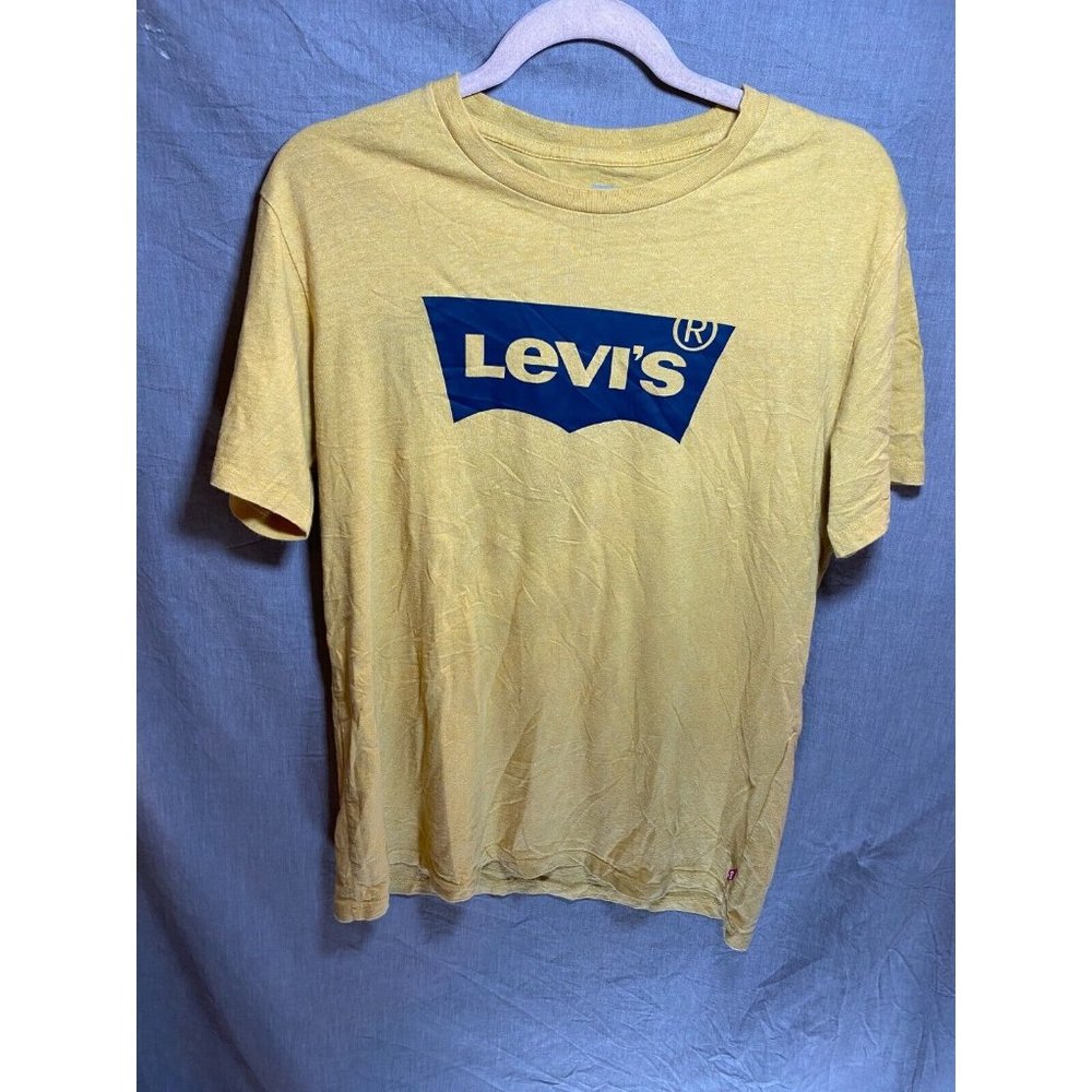 Levis Shirt Adult Medium Yellow Logo Blue Spell Out Pullover Mens